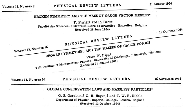 Headlines of the three separate papers published in 1964 that all discuss the concept of 'broken symmetries'. They are 'Broken symmetry and the mass of gauge vector mesons', 'Broken symmetries and the masses of gauge bosons', and 'Global conservation laws and massless particles'.